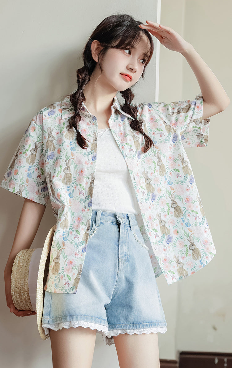 Rabbit Garden Button Up Shirt (White)
