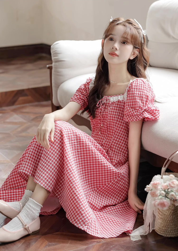 Plaid Puff Sleeve Midi Dress (Red)
