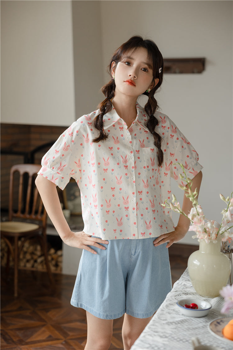 Pink Bunny Cropped Button Up Shirt (White)