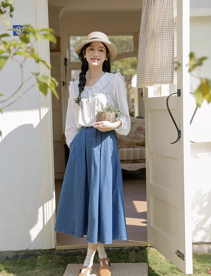 Pleated Denim Midi Skirt (3 Colors)