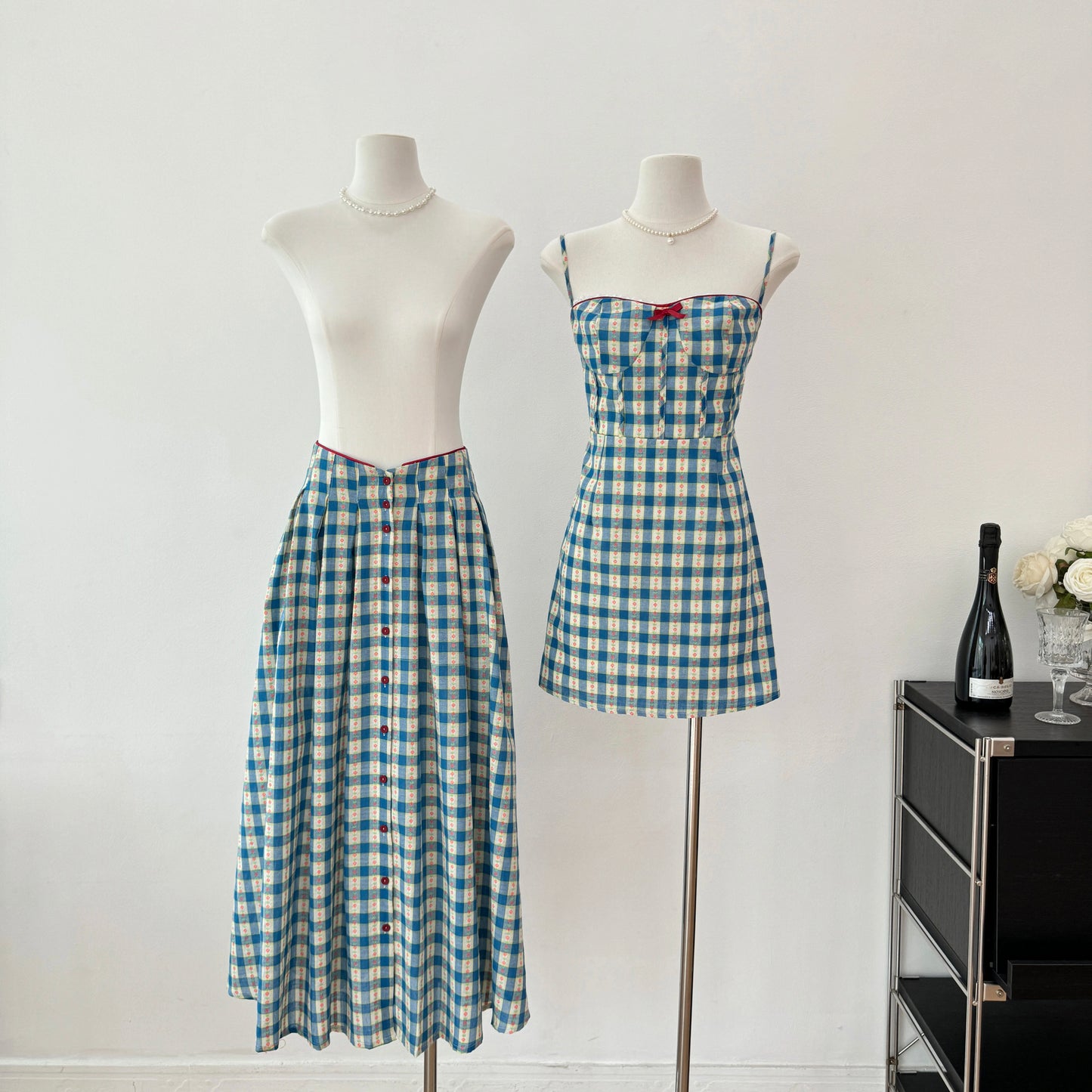 Vintage Gingham Floral Cami Dress (Blue)