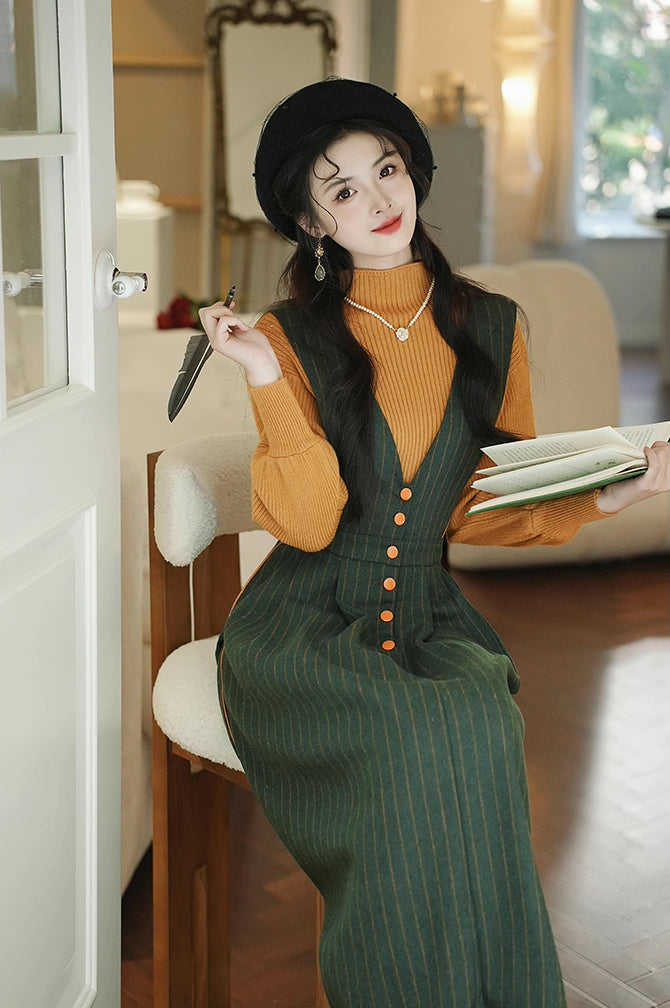 Gingko Stripe Pinafore & Sweater Set (Mustard/Green)