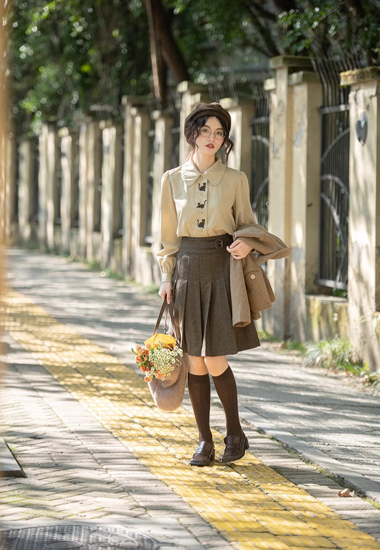 Black Cat Embroidered Blouse (Khaki)