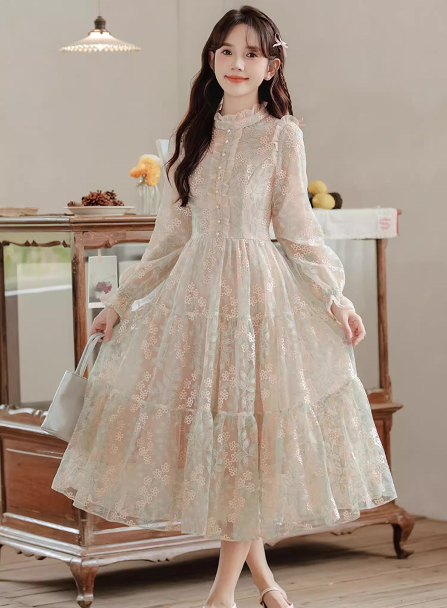 green emerald velvet dress Flower Vines Embroidered Midi Dress (Beige) M green emerald velvet dress Flower Vines Embroidered Midi Dress (Beige) M