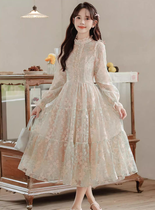 Flower Vines Embroidered Midi Dress (Beige)