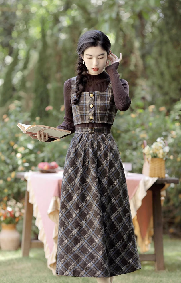 Mint Mocha Plaid Two-Piece Midi Set (Brown)