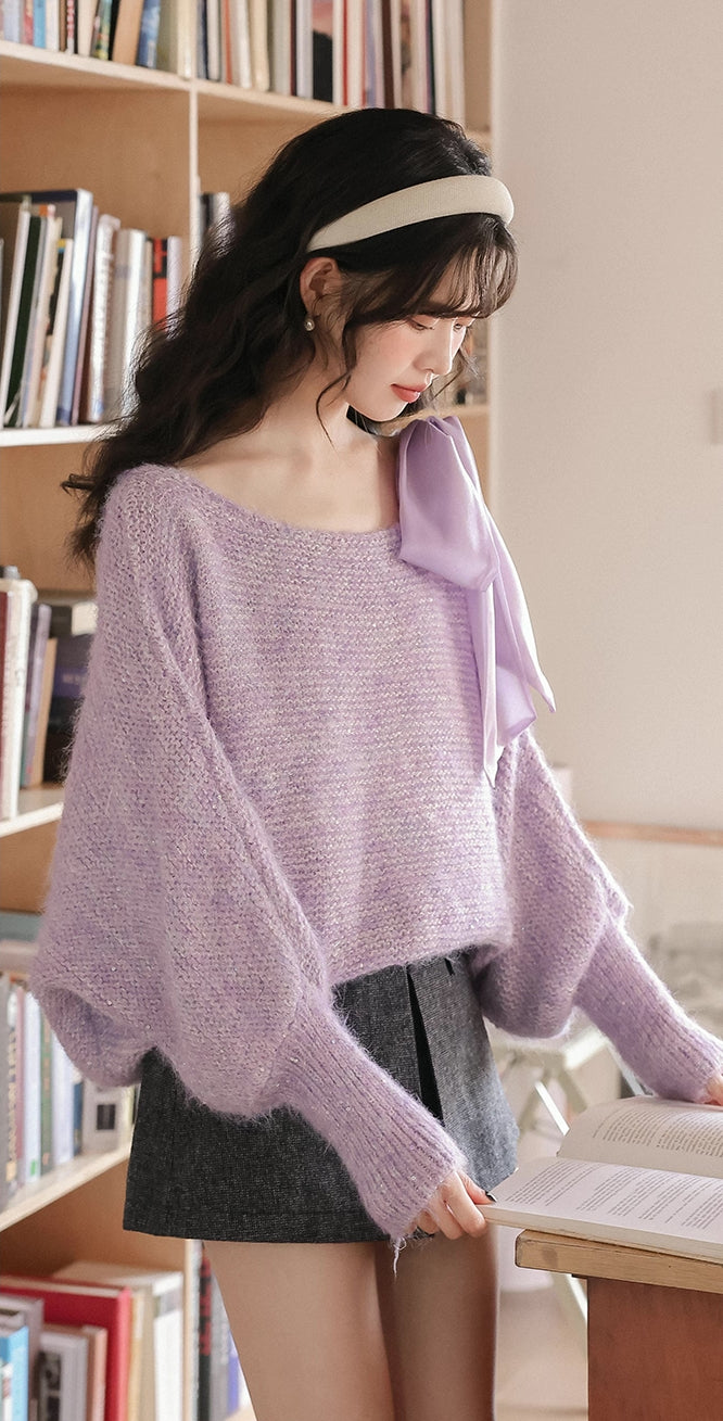 Sequin Off Shoulder Bow Sweater (4 Colors)