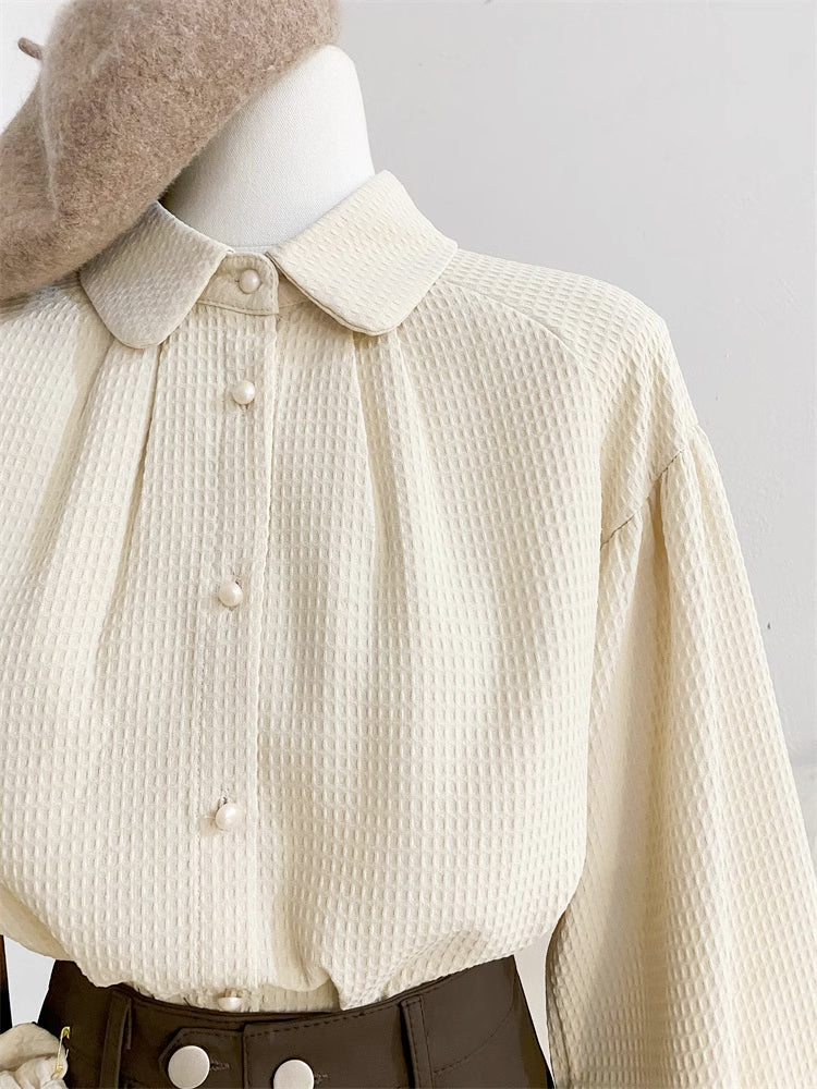 Waffle Puff Sleeve Blouse (Milk Tea)