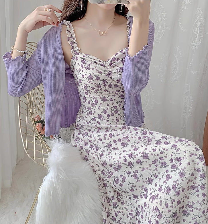 Enchanted Floral Midi Dress (White/Purple)