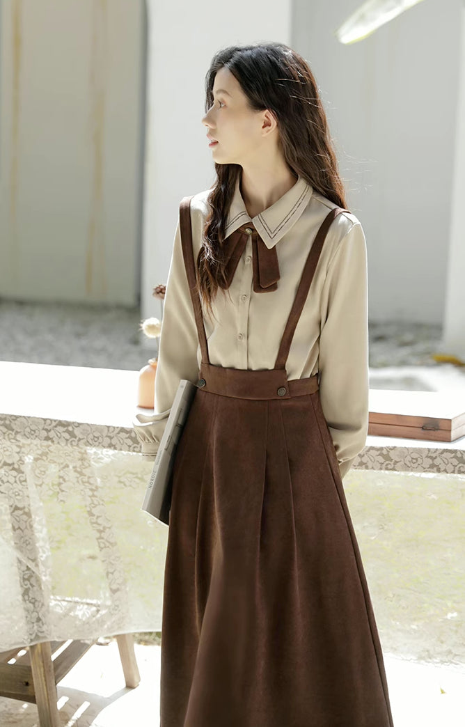 Corduroy Suede Suspender Skirt / Blouse (Brown)