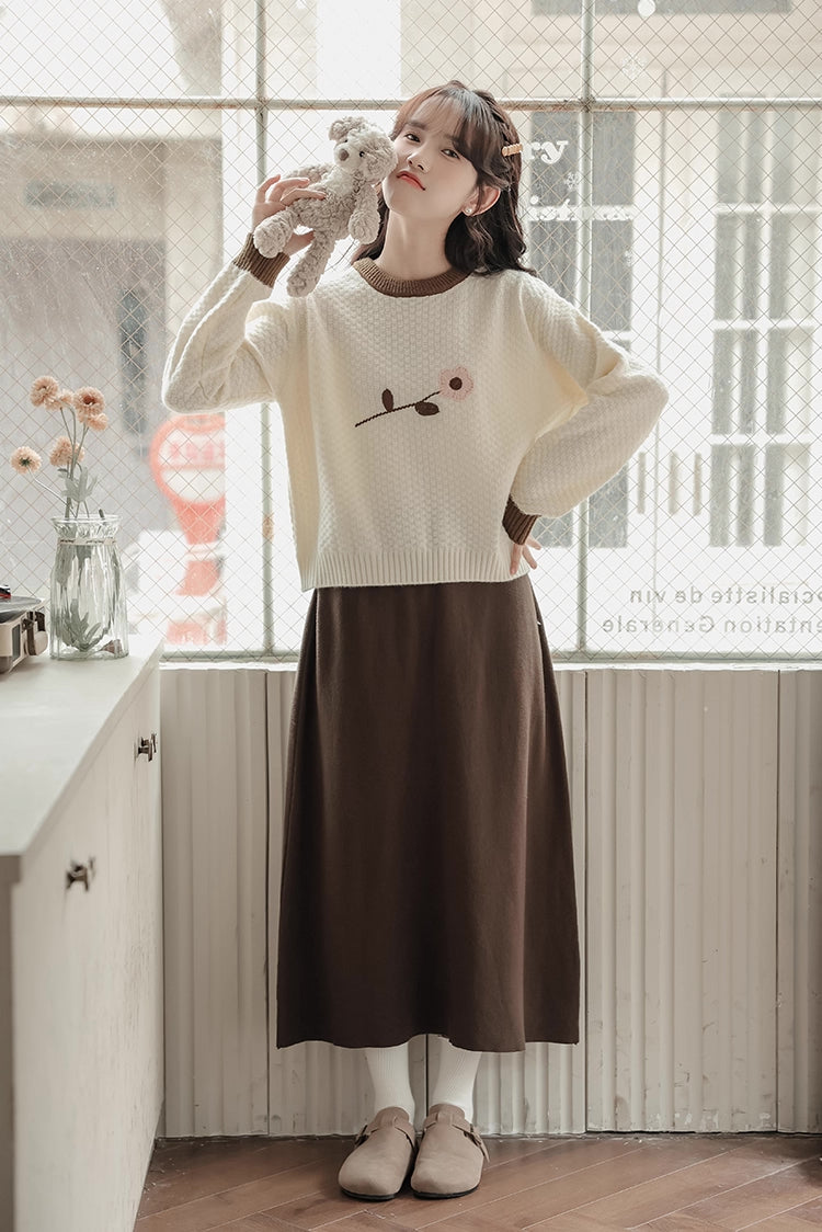 Waffle Knit Flower Sweater (2 Colors)