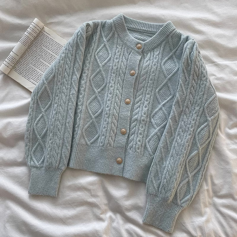 Round Neck Cable Knit Cardigan (9 Colors)