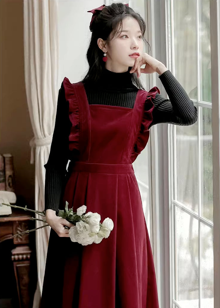 Frilly Corduroy Apron Pinafore Dress (3 Colors)