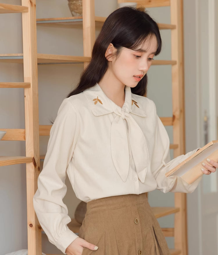 Leafy Corduroy Tie-Neck Blouse (Cream)