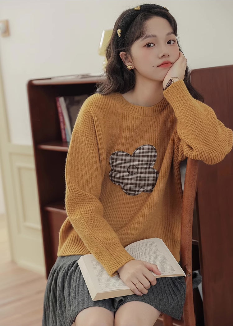 Plaid Flower Sweater (Mustard)