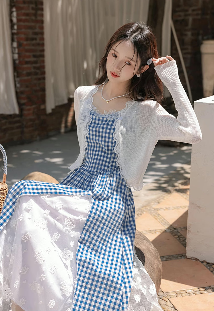 Gingham Lace Cami Maxi Dress (Blue)