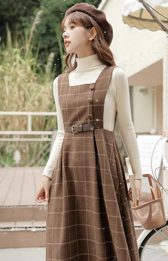 Belted Plaid Pinafore Dress (3 Colors)