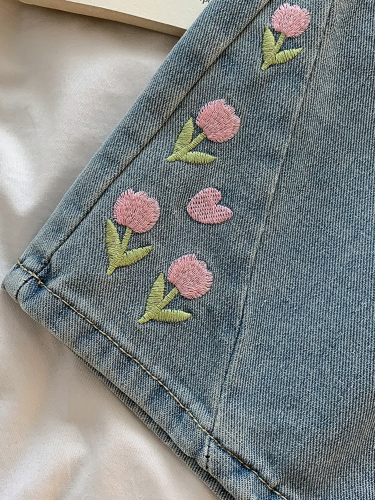 Tulip Tips Embroidered Shorts (Light Denim)