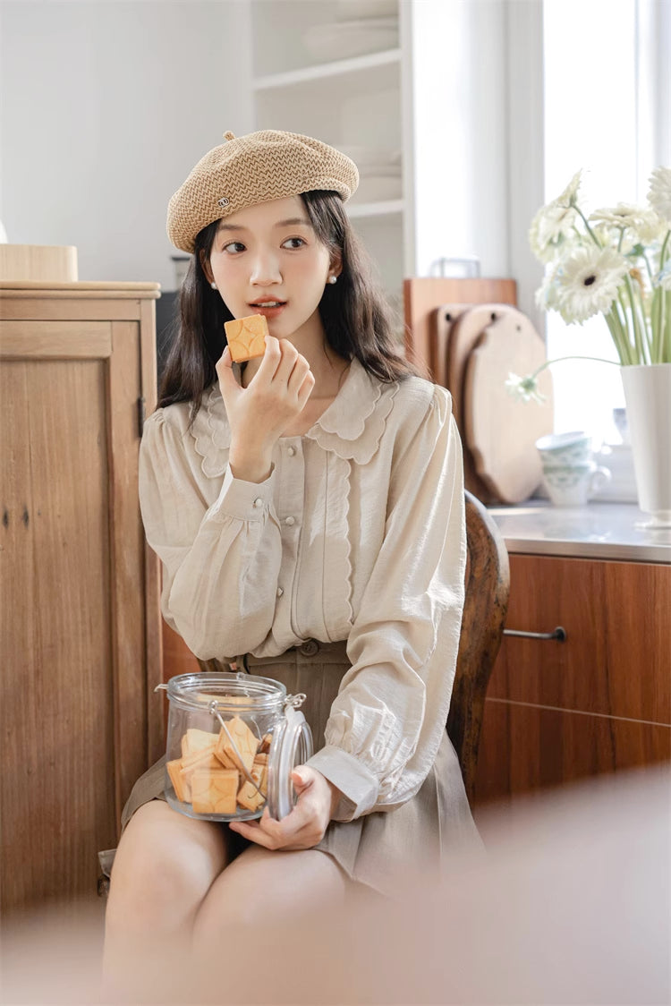 Scallop Trim Blouse (Light Khaki)