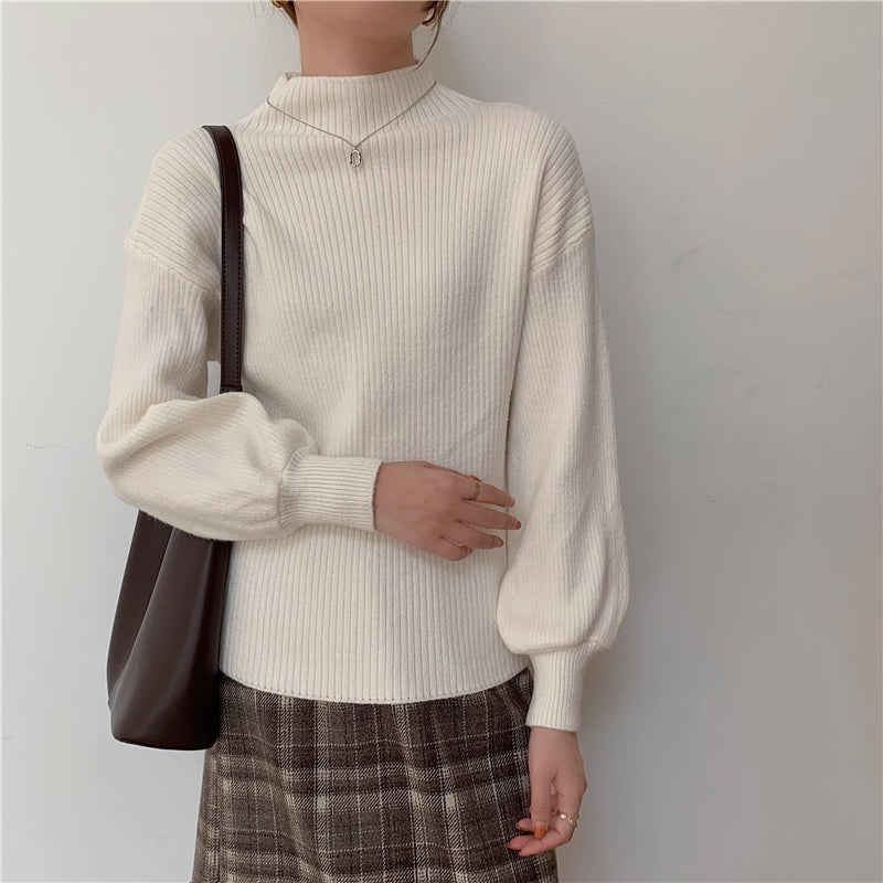 Balloon Sleeve Ribbed Sweater (4 Colors)
