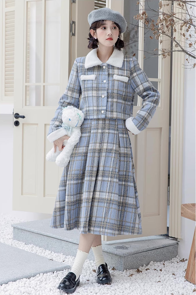 Elsa Plaid Tweed Midi Set (Blue)