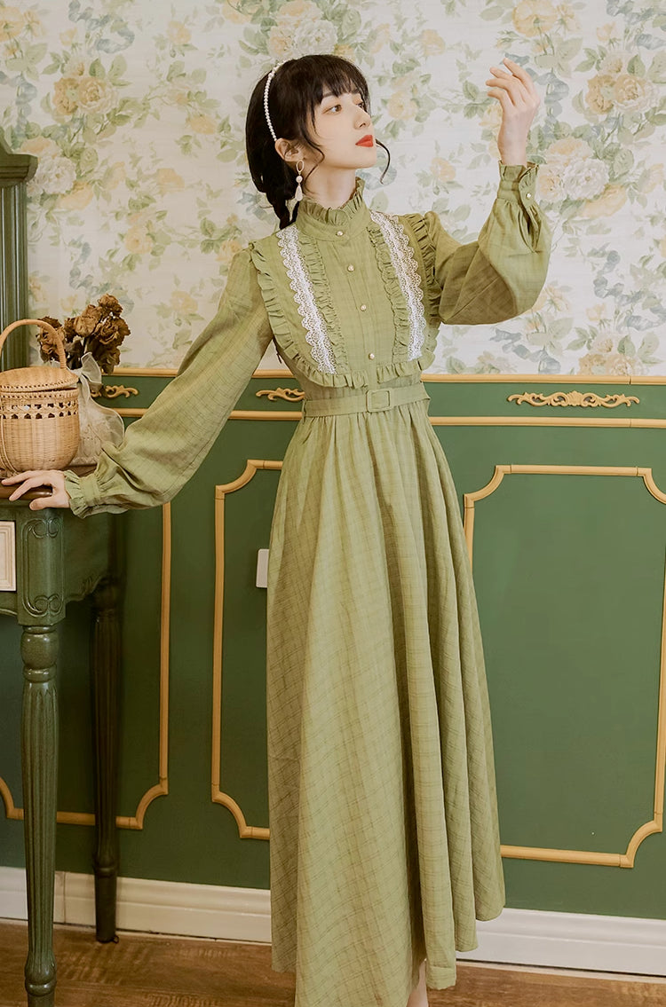 Sophie Ruffle Plaid Midi Dress (Olive)