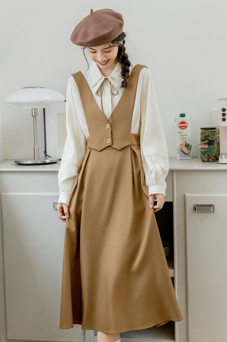 Basic Woven Vest Pinafore Dress / Blouse (2 Colors)