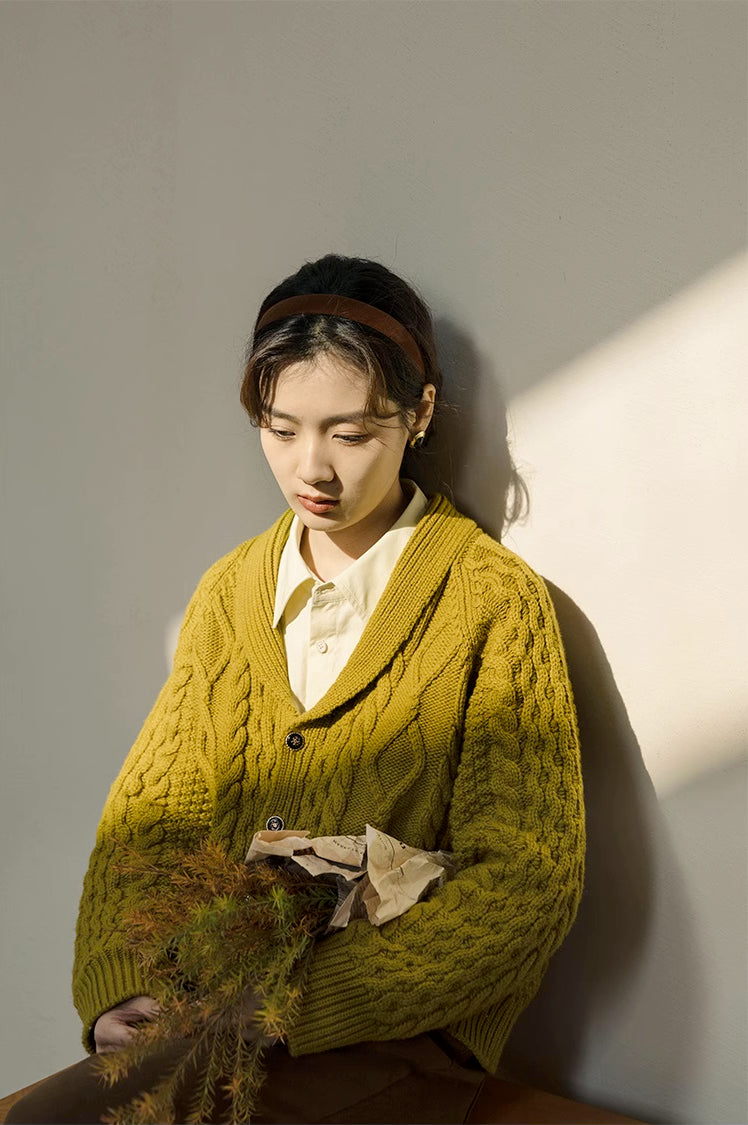 Shawl Collar Cable Knit Cardigan (Chartreuse)