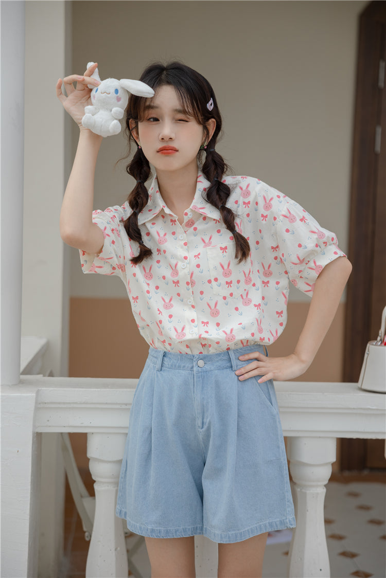 Pink Bunny Cropped Button Up Shirt (White)