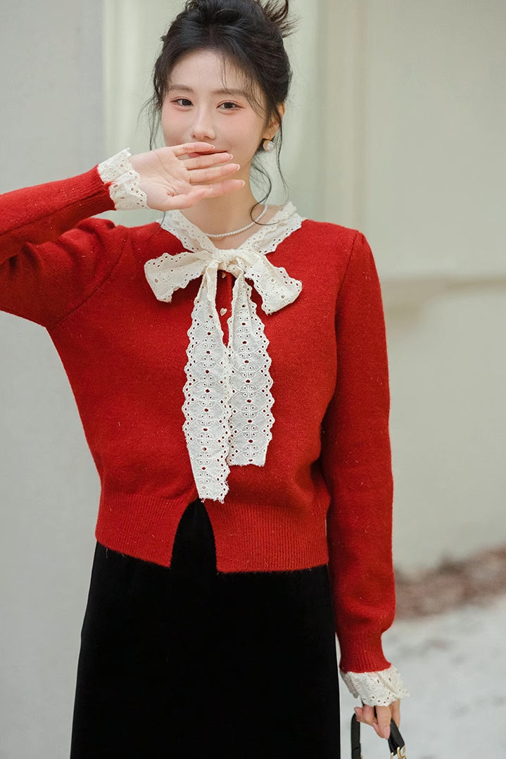 Heart Button Lace Trim Cardigan (3 Colors)