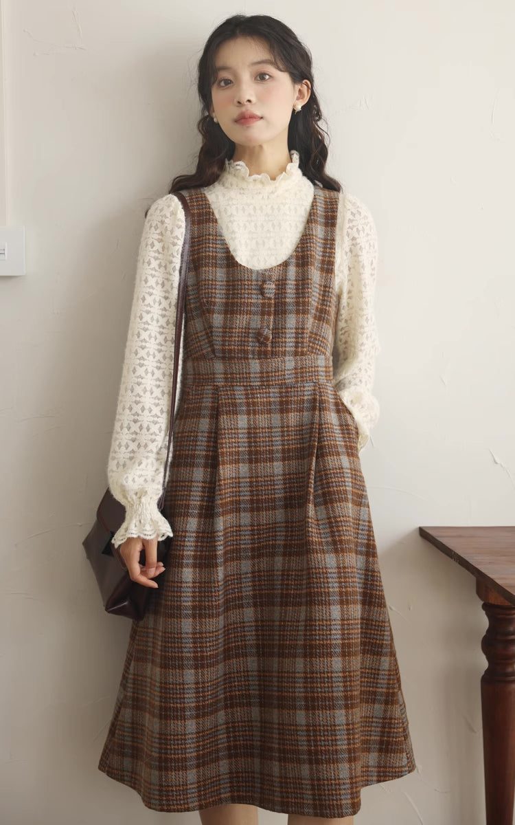 Sunset Plaid Pinafore Midi Dress (Brown)