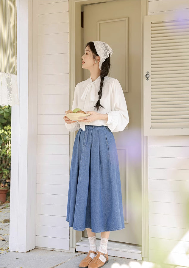 Pleated Denim Midi Skirt (3 Colors)