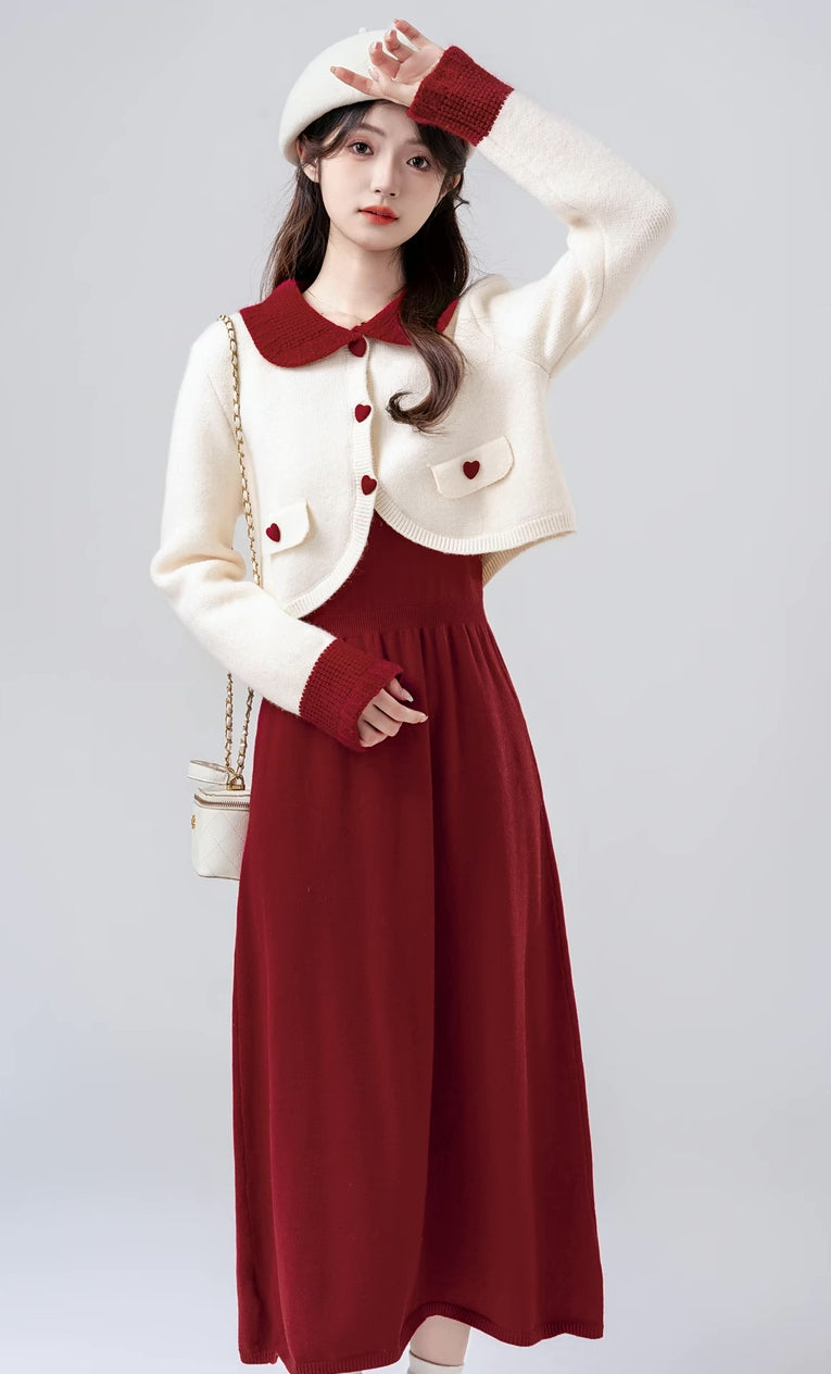 Sweetheart Cropped Cardigan (White/Red)