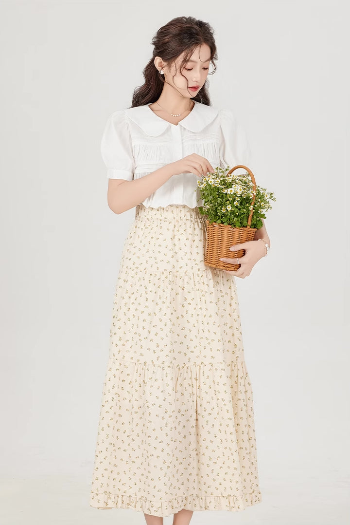 Ditsy Floral Tiered Midi Skirt (Cream)