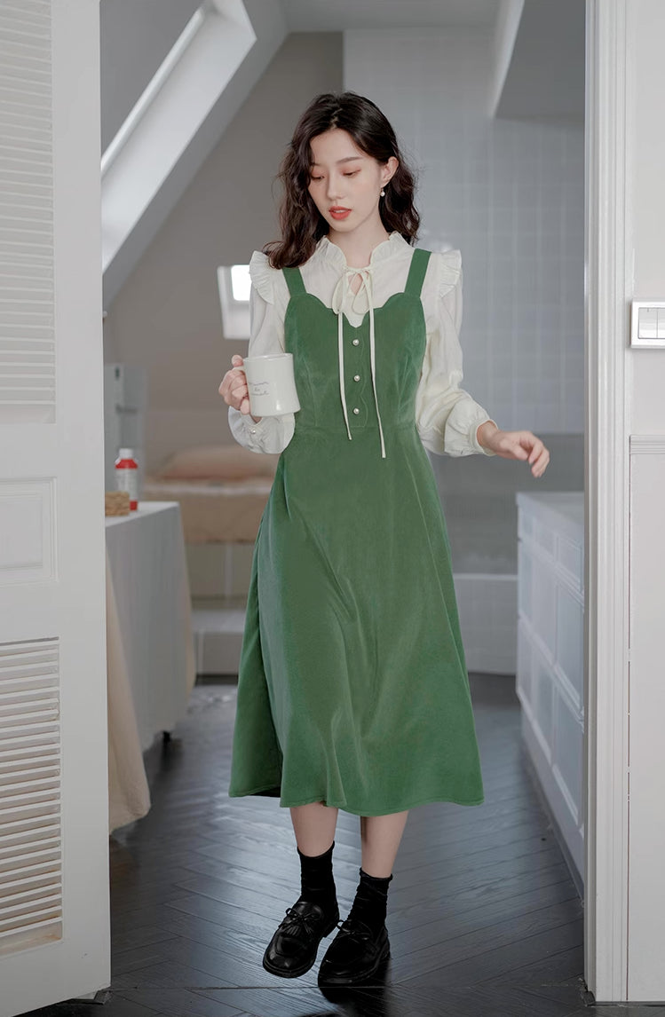 Corduroy Scallop Cami Midi Dress (Pistachio Green)