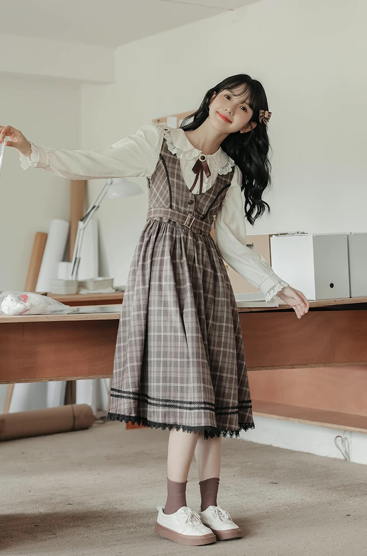 Mocca Plaid Midi Dress (Brown)