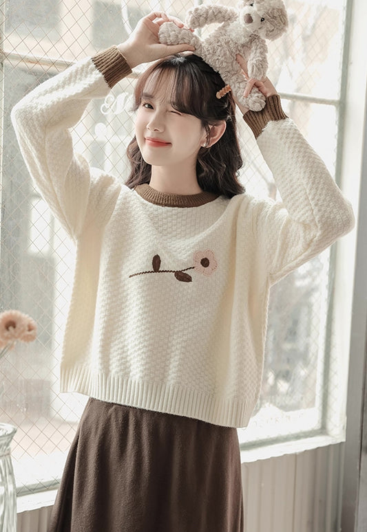 Waffle Knit Flower Sweater (2 Colors)