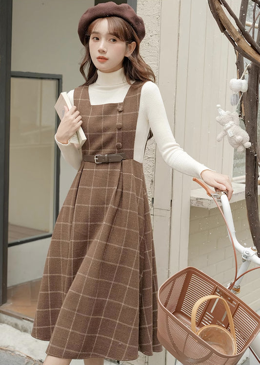 Belted Plaid Pinafore Dress (3 Colors)