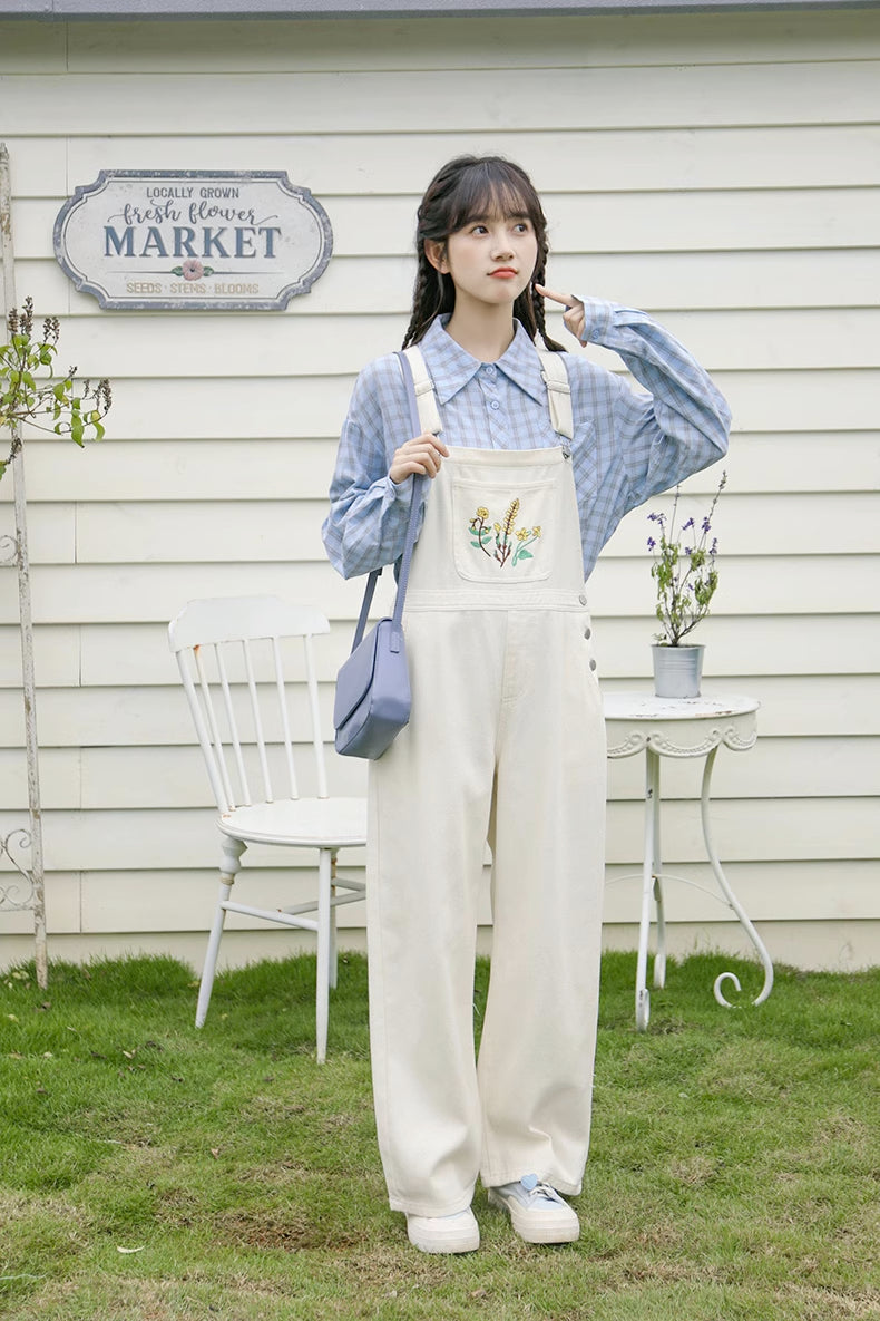Wildflower Embroidered Overalls (White)