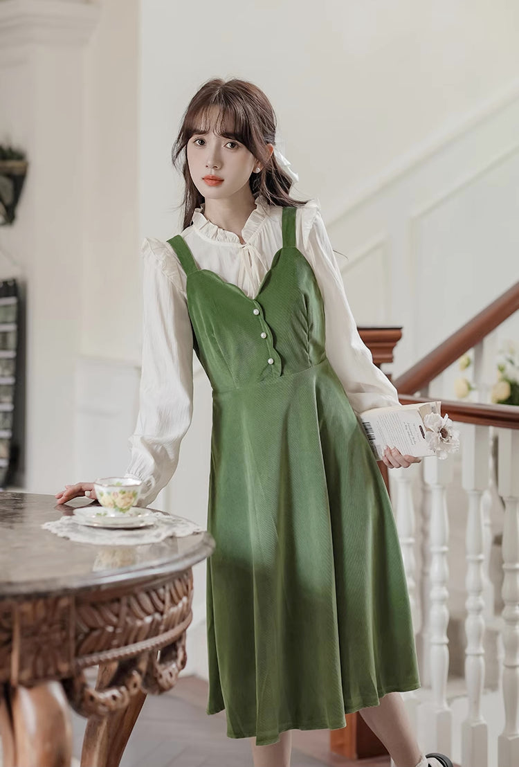 Corduroy Scallop Cami Midi Dress (Pistachio Green)