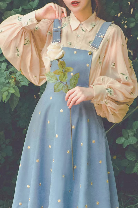 Delicate Daisy Embroidered Pinafore (Blue)