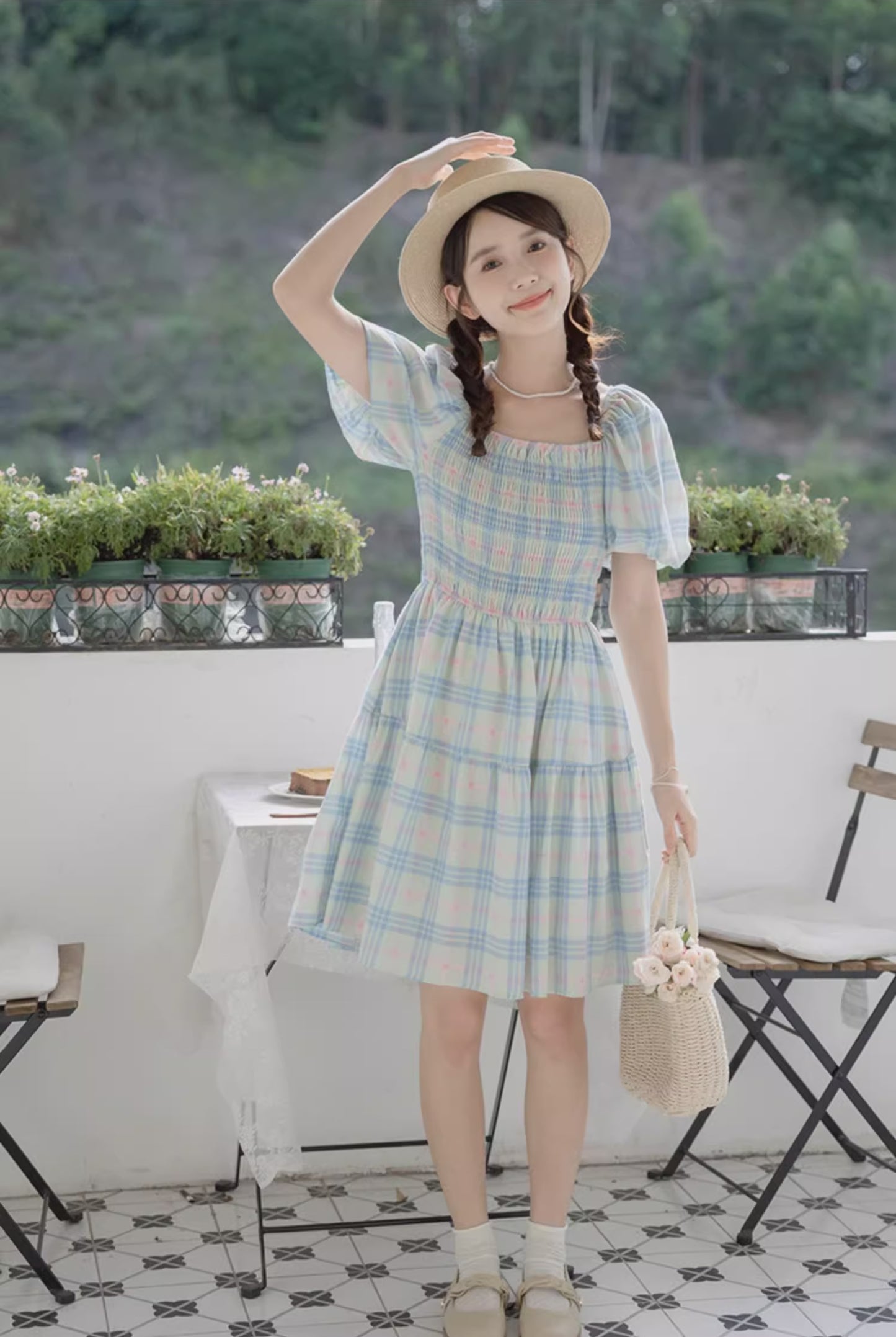 Sorbet Plaid Puff Sleeve Dress (Blue/Green)