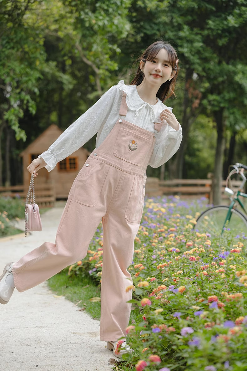 Flower Bouquet Embroidered Overalls (Pink)