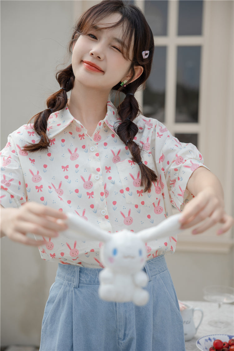 Pink Bunny Cropped Button Up Shirt (White)