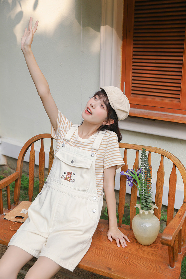 Honey Bear Short Overalls (White)