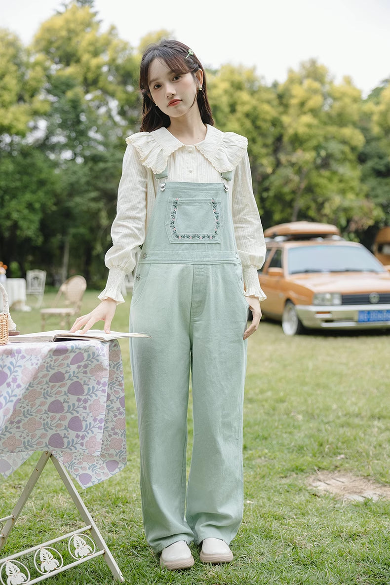Flower Vines Embroidered Overalls (Green)