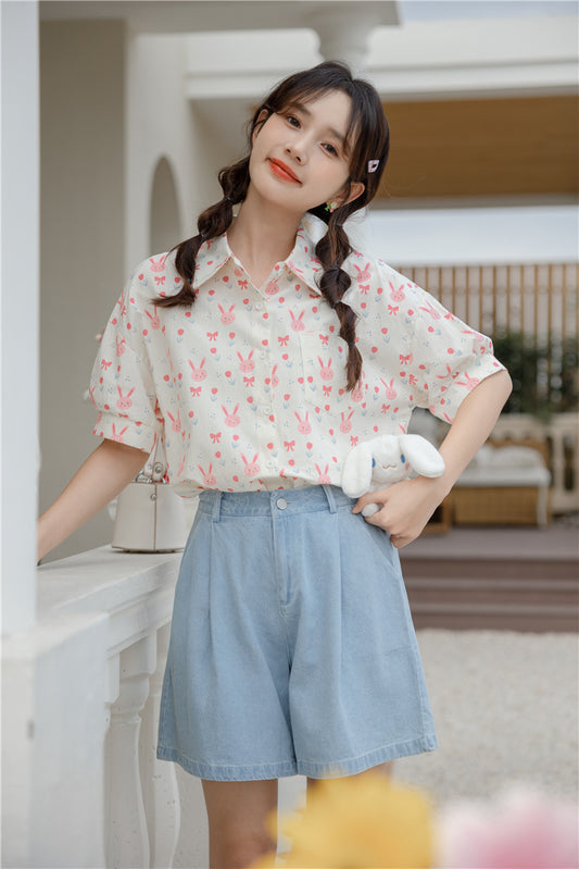 Pink Bunny Cropped Button Up Shirt (White)