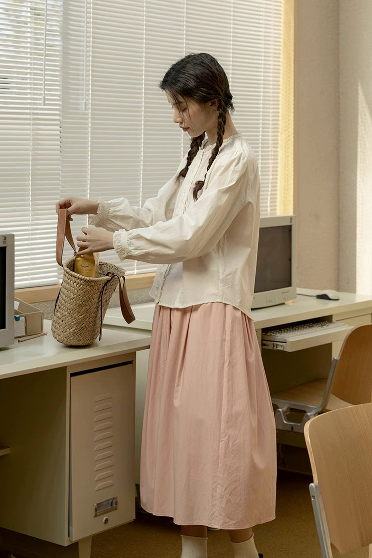 Ruffle Broderie Trim Blouse (White)
