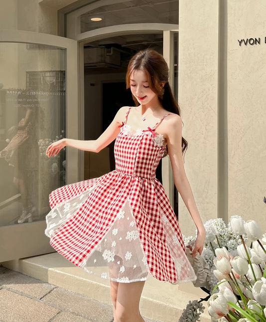 Gingham Lace Cami Mini Dress (Red)