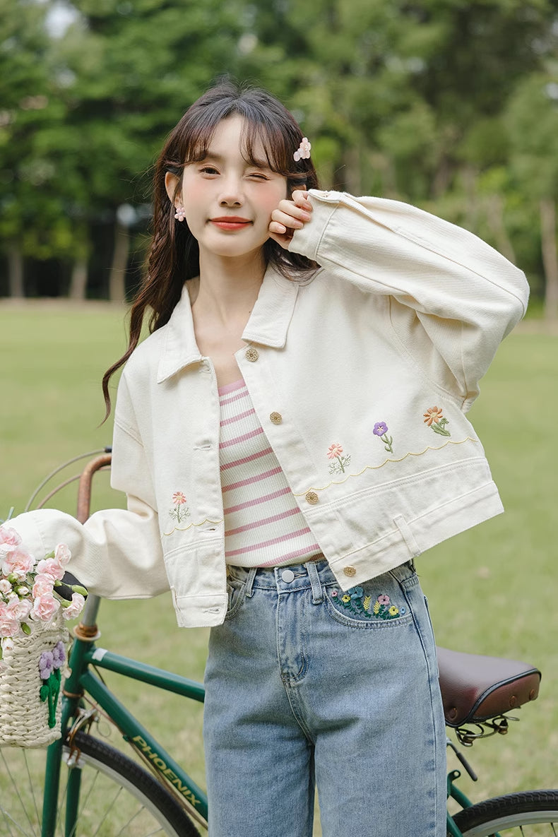 Personal Garden Embroidered Denim Jacket (Cream)